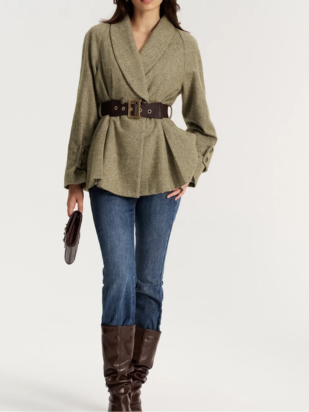 Commense Olive Shawl Collar Belted Jacket XL